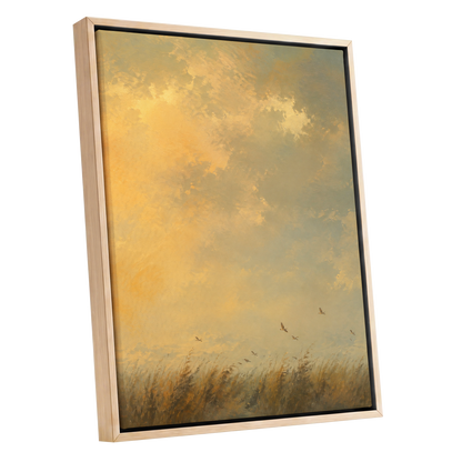 Flight Through Amber, gold, yellow, beige nature wall art shown as a oak framed canvas wall art