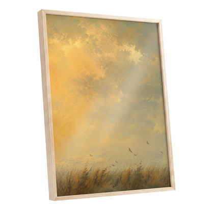 Flight Through Amber, gold, yellow, beige nature wall art shown as a oak framed poster wall art print