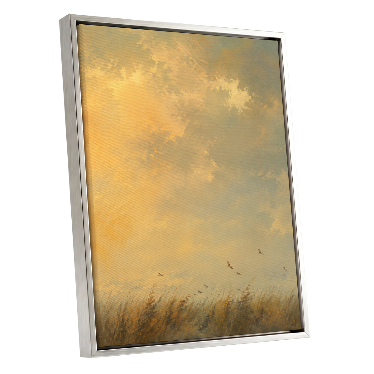 Flight Through Amber, gold, yellow, beige nature wall art shown as a silver framed canvas wall art