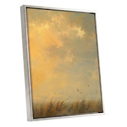 Flight Through Amber, gold, yellow, beige nature wall art shown as a silver framed canvas wall art