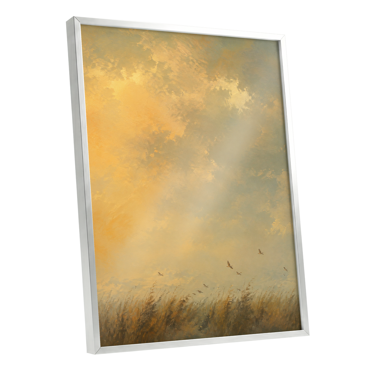 Flight Through Amber, gold, yellow, beige nature wall art shown as a silver framed poster wall art print