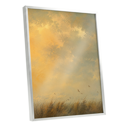 Flight Through Amber, gold, yellow, beige nature wall art shown as a silver framed poster wall art print