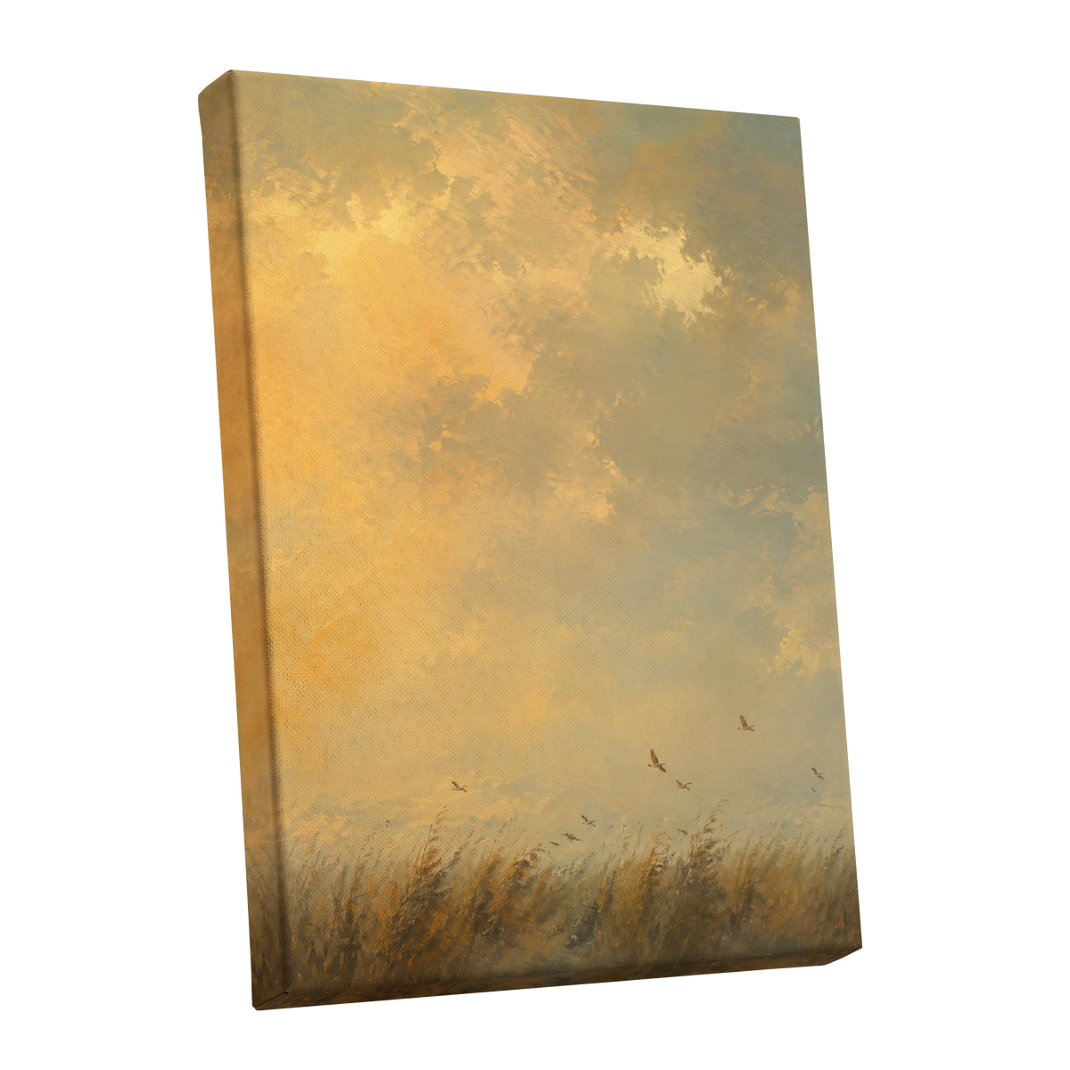 Flight Through Amber, gold, yellow, beige nature wall art shown as a stretched canvas wall art