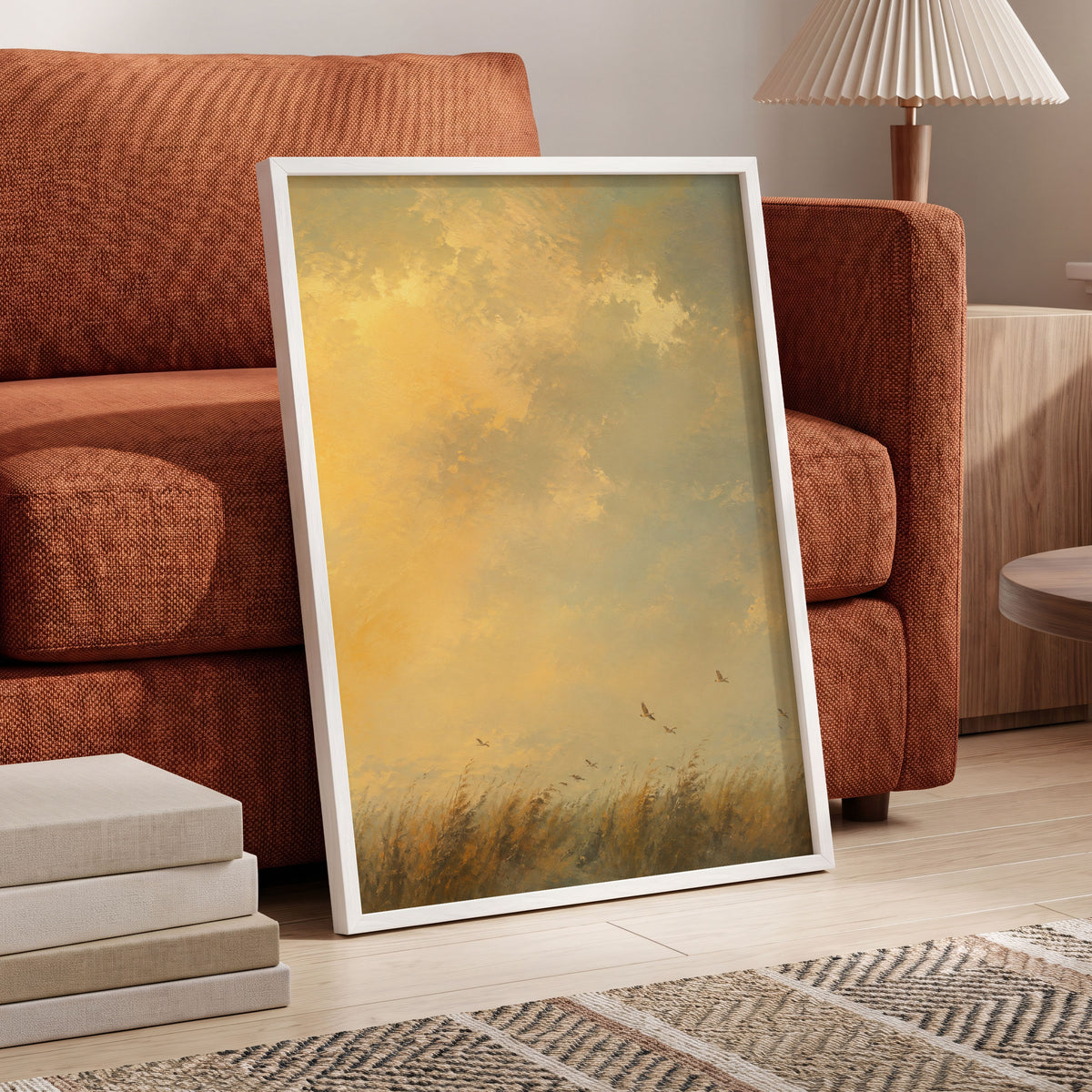Flight Through Amber, gold, yellow, beige nature wall art displayed in a styled interior, gallery view 2
