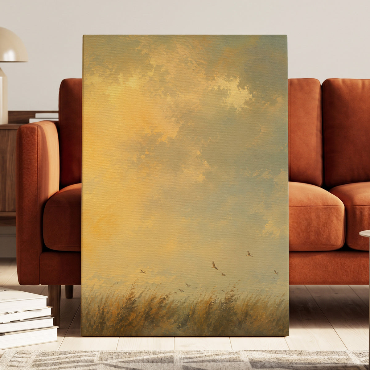 Flight Through Amber, gold, yellow, beige nature wall art displayed in a styled interior, gallery view 3