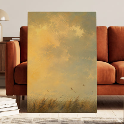 Flight Through Amber, gold, yellow, beige nature wall art displayed in a styled interior, gallery view 3