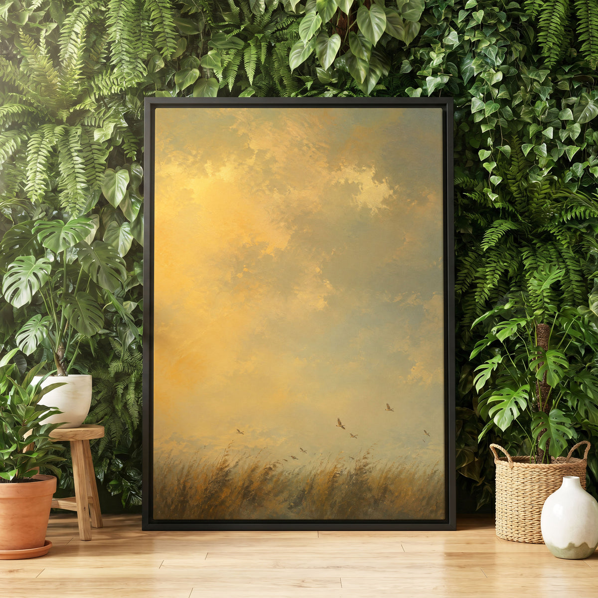 Flight Through Amber, gold, yellow, beige nature wall art displayed in a styled interior, gallery view 4