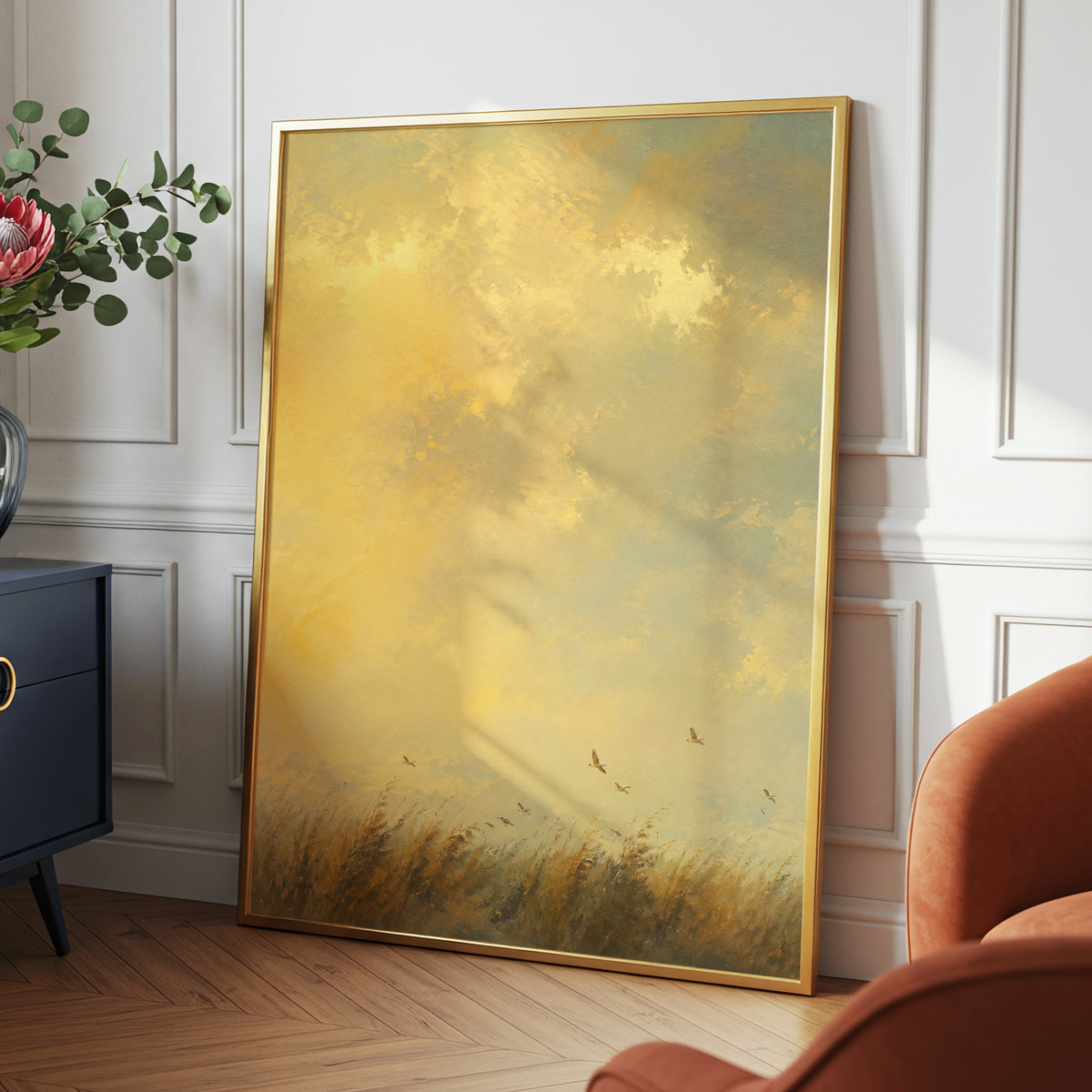 Flight Through Amber, gold, yellow, beige nature wall art displayed in a styled interior, gallery view 6