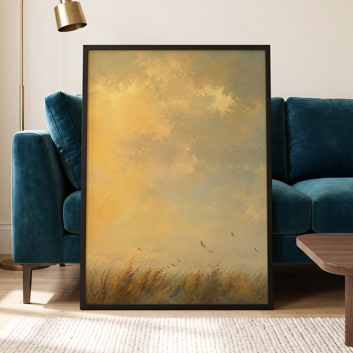 Flight Through Amber, gold, yellow, beige nature wall art displayed in a styled interior, gallery view 9