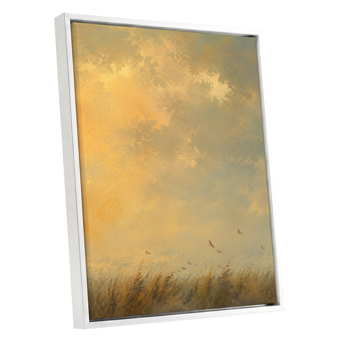 Flight Through Amber, gold, yellow, beige nature wall art shown as a white framed canvas wall art