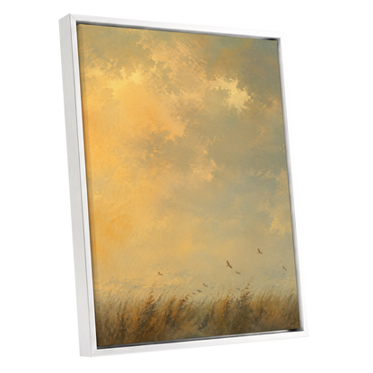 Flight Through Amber, gold, yellow, beige nature wall art shown as a white framed canvas wall art