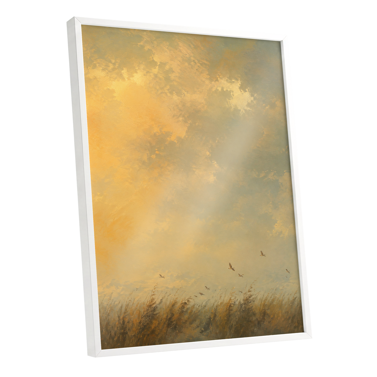Flight Through Amber, gold, yellow, beige nature wall art shown as a white framed poster wall art print