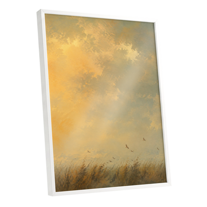 Flight Through Amber, gold, yellow, beige nature wall art shown as a white framed poster wall art print