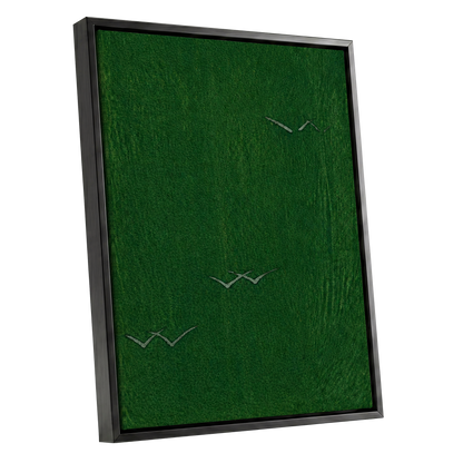 Flight Through Green, green, gray, black nature wall art shown as a black framed canvas wall art