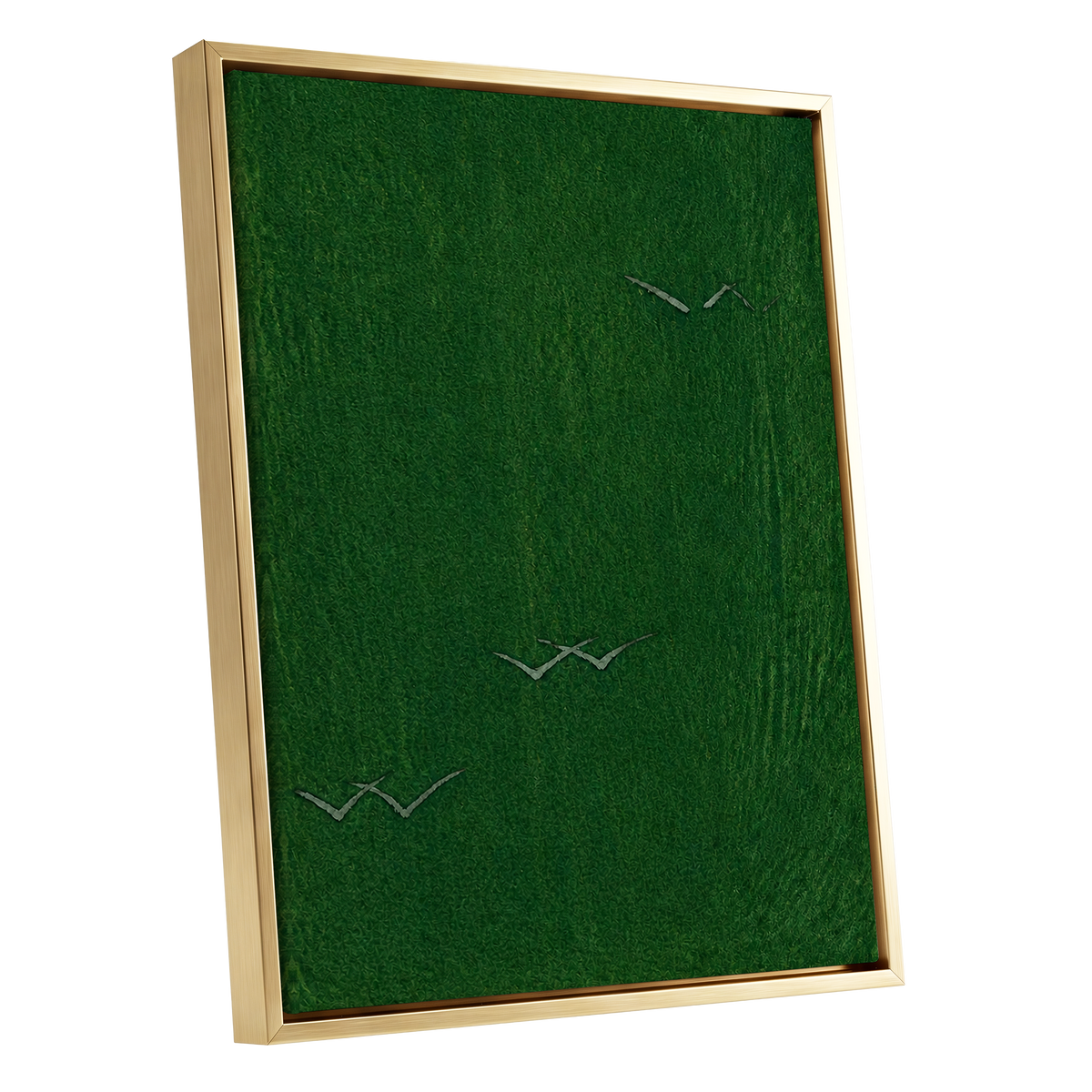 Flight Through Green, green, gray, black nature wall art shown as a gold framed canvas wall art