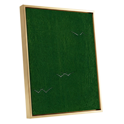 Flight Through Green, green, gray, black nature wall art shown as a gold framed canvas wall art