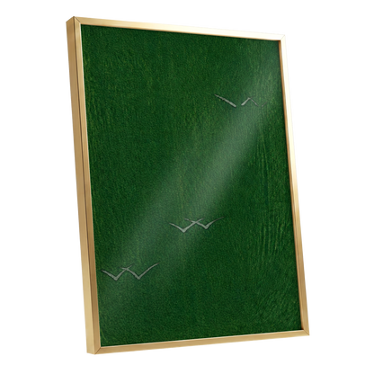Flight Through Green, green, gray, black nature wall art shown as a gold framed poster wall art print