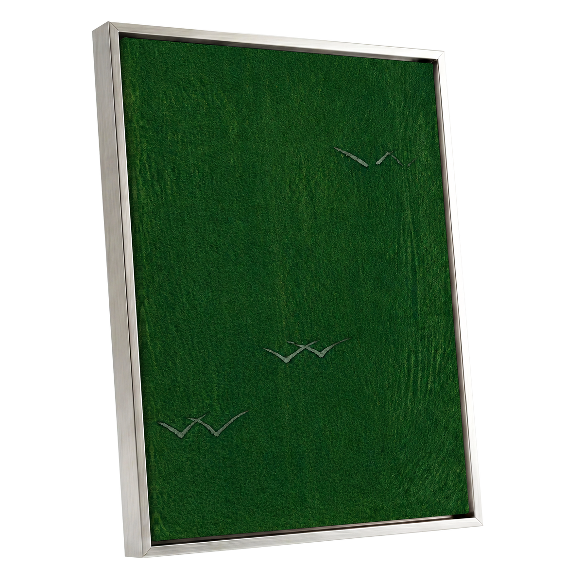 Flight Through Green, green, gray, black nature wall art shown as a silver framed canvas wall art