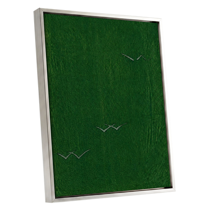 Flight Through Green, green, gray, black nature wall art shown as a silver framed canvas wall art