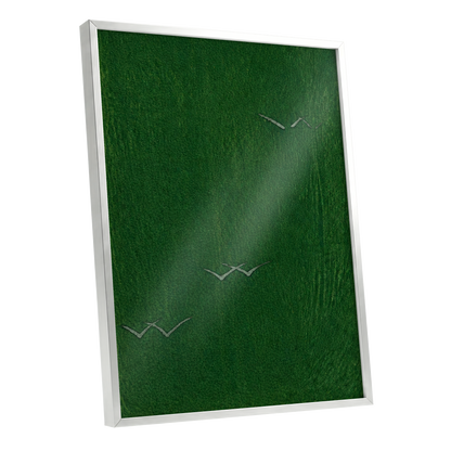 Flight Through Green, green, gray, black nature wall art shown as a silver framed poster wall art print