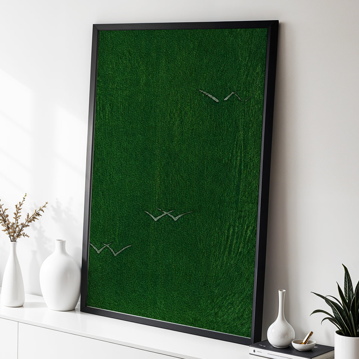 Flight Through Green, green, gray, black nature wall art displayed in a styled interior, gallery view 2
