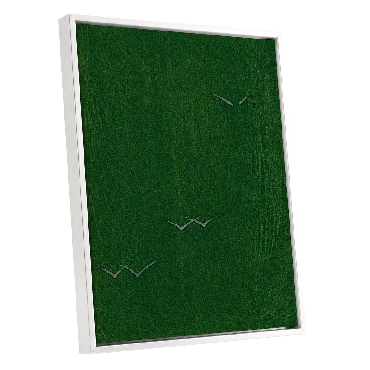 Flight Through Green, green, gray, black nature wall art shown as a white framed canvas wall art