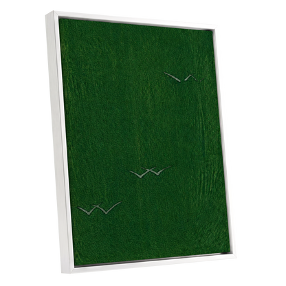 Flight Through Green, green, gray, black nature wall art shown as a white framed canvas wall art