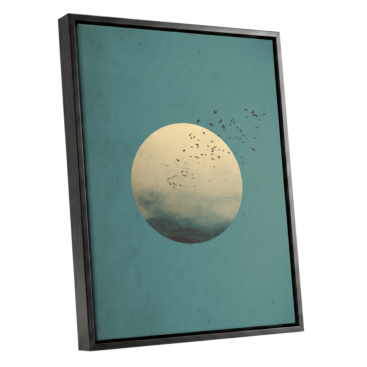 Flock Across the Orb, blue, green, beige nature wall art shown as a black framed canvas wall art