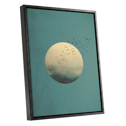 Flock Across the Orb, blue, green, beige nature wall art shown as a black framed canvas wall art