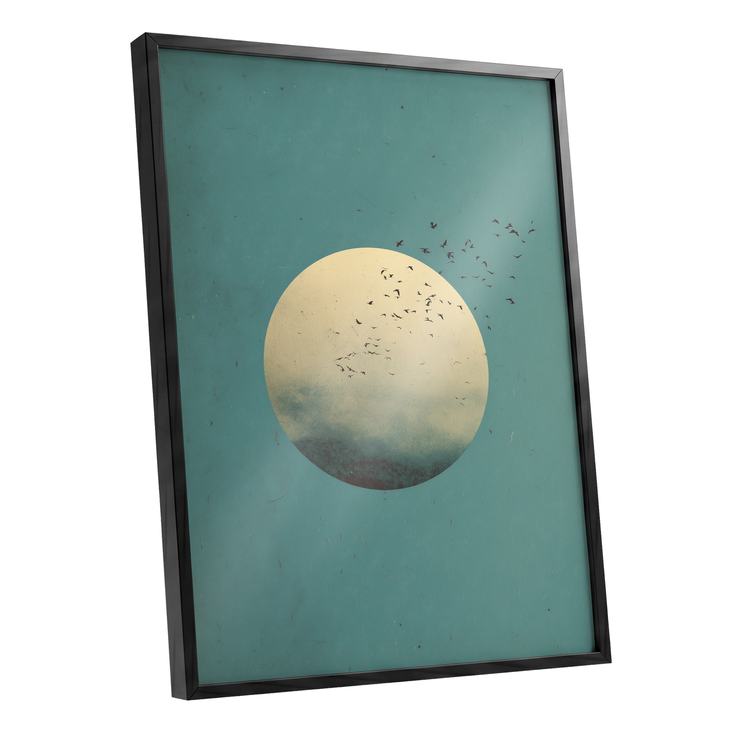 Flock Across the Orb, blue, green, beige nature wall art shown as a black framed poster wall art print