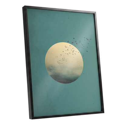Flock Across the Orb, blue, green, beige nature wall art shown as a black framed poster wall art print