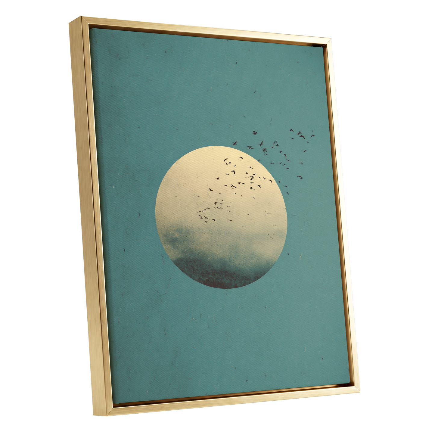 Flock Across the Orb, blue, green, beige nature wall art shown as a gold framed canvas wall art