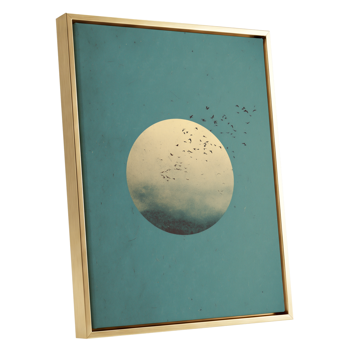 Flock Across the Orb, blue, green, beige nature wall art shown as a gold framed canvas wall art