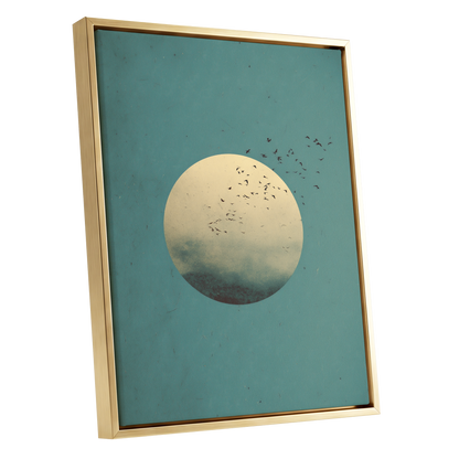 Flock Across the Orb, blue, green, beige nature wall art shown as a gold framed canvas wall art