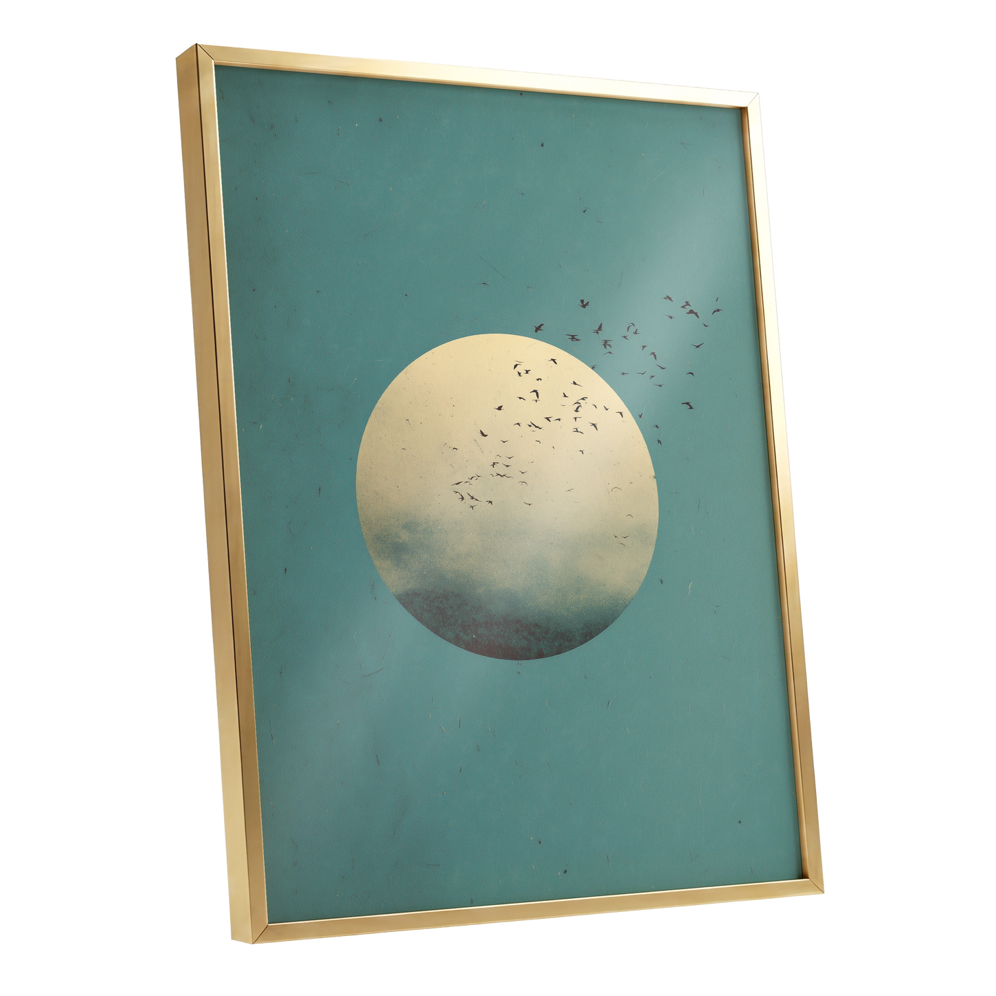 Flock Across the Orb, blue, green, beige nature wall art shown as a gold framed poster wall art print