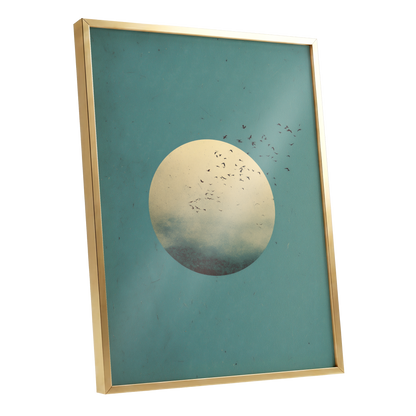 Flock Across the Orb, blue, green, beige nature wall art shown as a gold framed poster wall art print