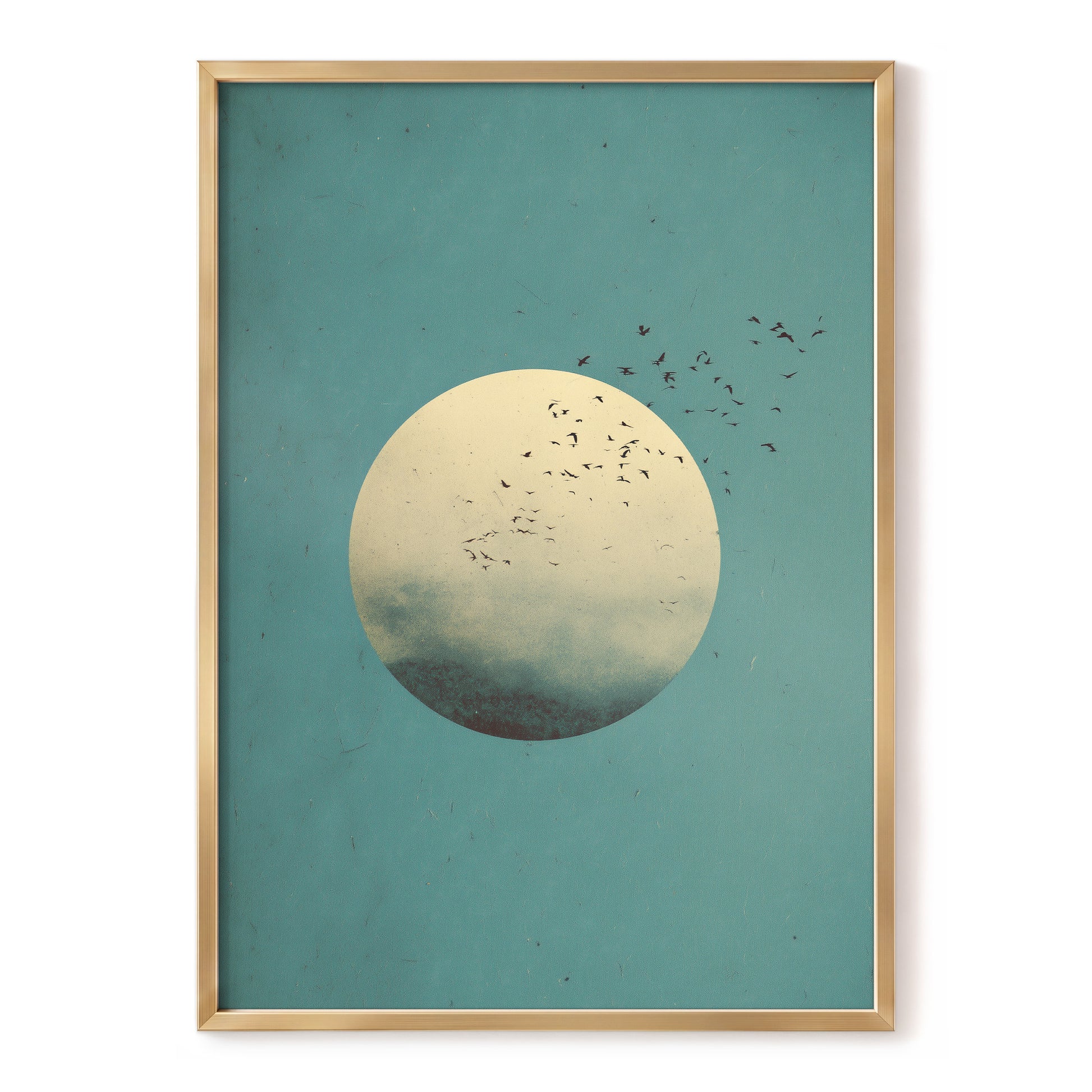 Flock Across the Orb, blue, green, beige nature wall art, front artwork view