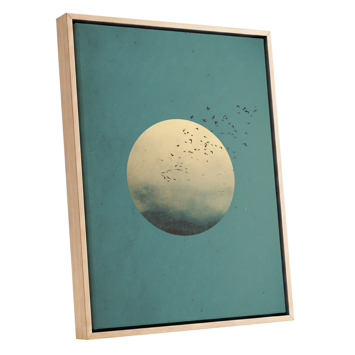 Flock Across the Orb, blue, green, beige nature wall art shown as a oak framed canvas wall art
