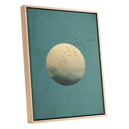 Flock Across the Orb, blue, green, beige nature wall art shown as a oak framed canvas wall art