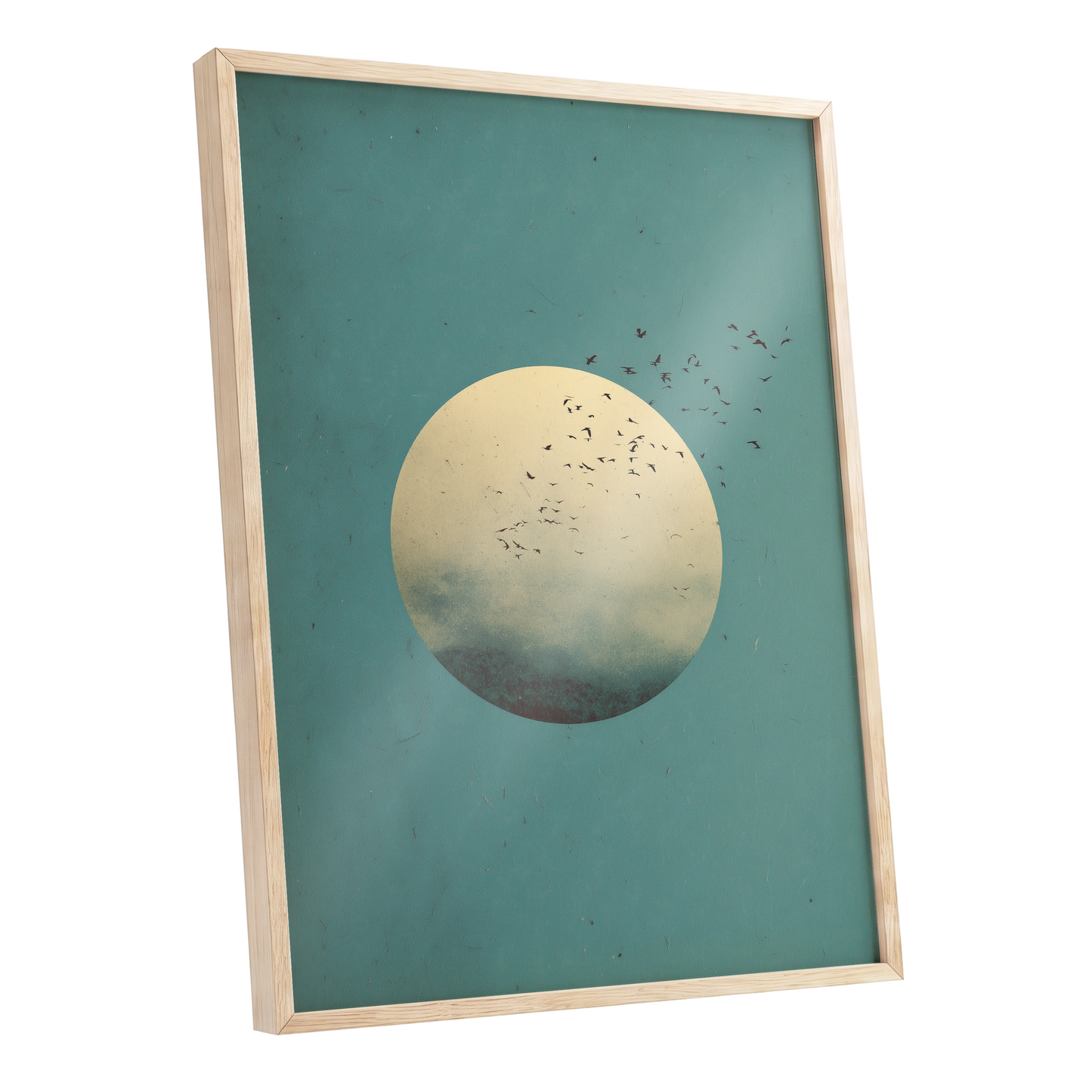 Flock Across the Orb, blue, green, beige nature wall art shown as a oak framed poster wall art print