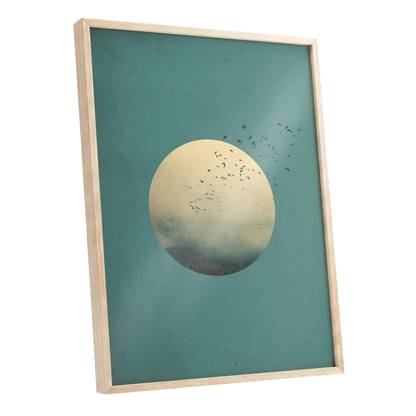 Flock Across the Orb, blue, green, beige nature wall art shown as a oak framed poster wall art print