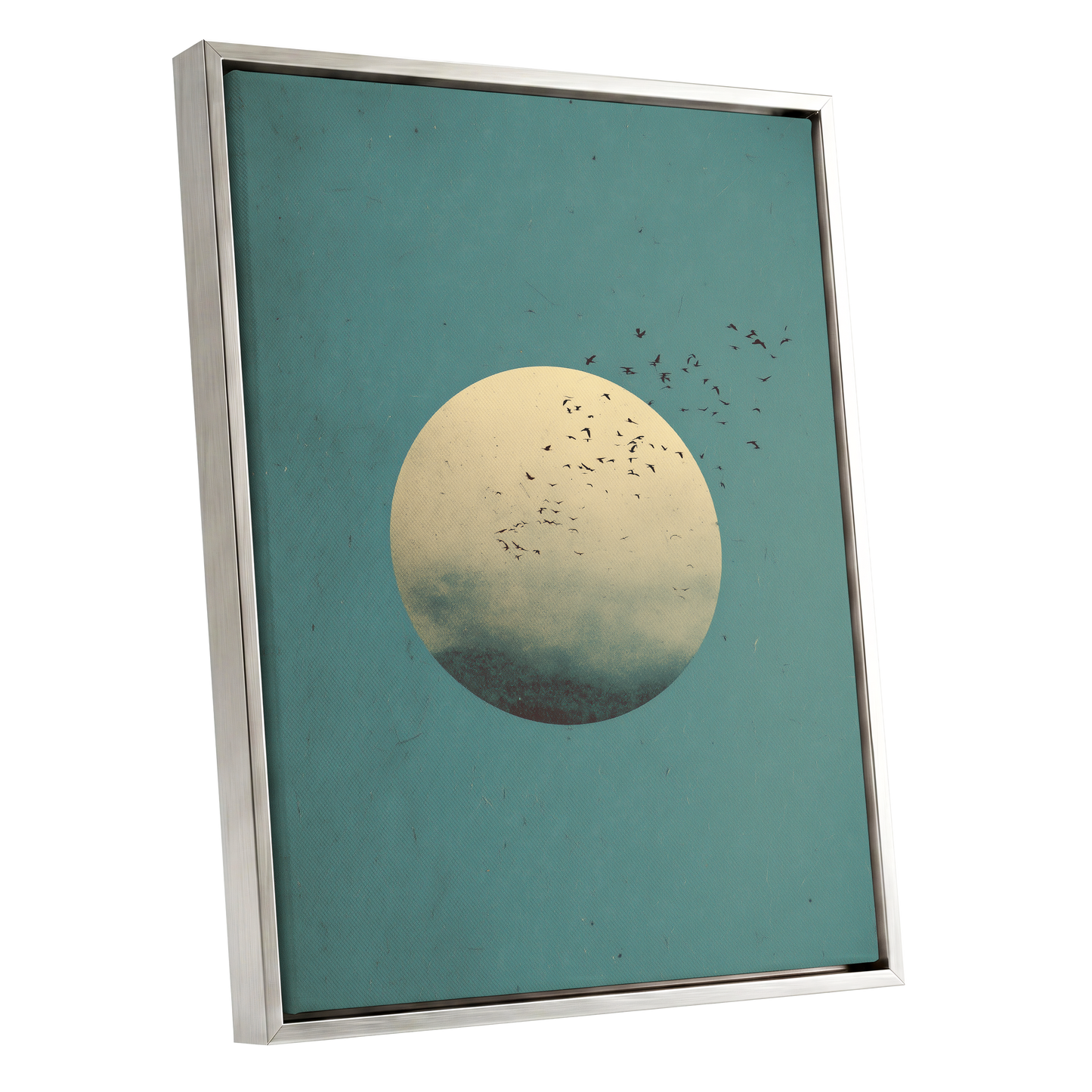 Flock Across the Orb, blue, green, beige nature wall art shown as a silver framed canvas wall art