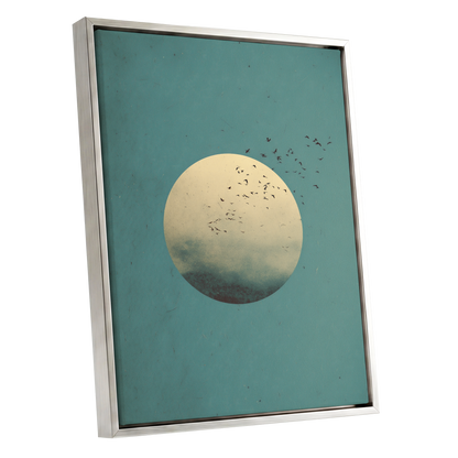 Flock Across the Orb, blue, green, beige nature wall art shown as a silver framed canvas wall art
