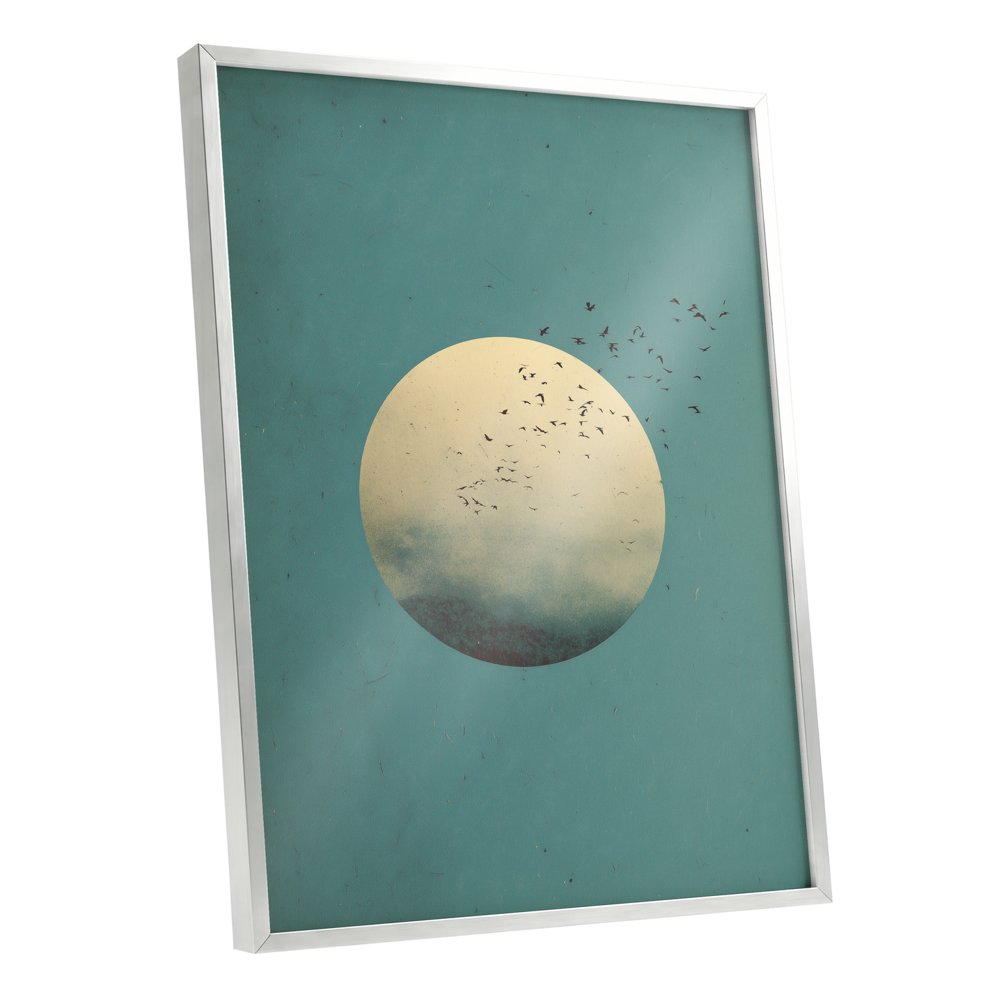 Flock Across the Orb, blue, green, beige nature wall art shown as a silver framed poster wall art print