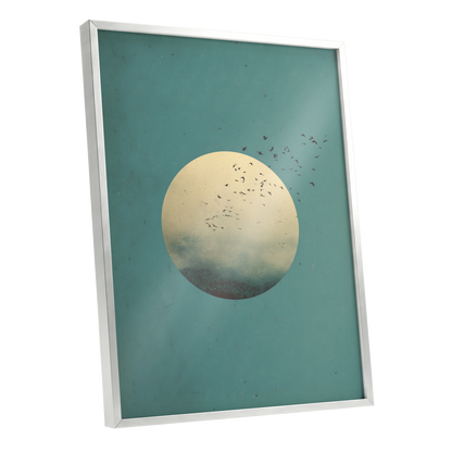 Flock Across the Orb, blue, green, beige nature wall art shown as a silver framed poster wall art print