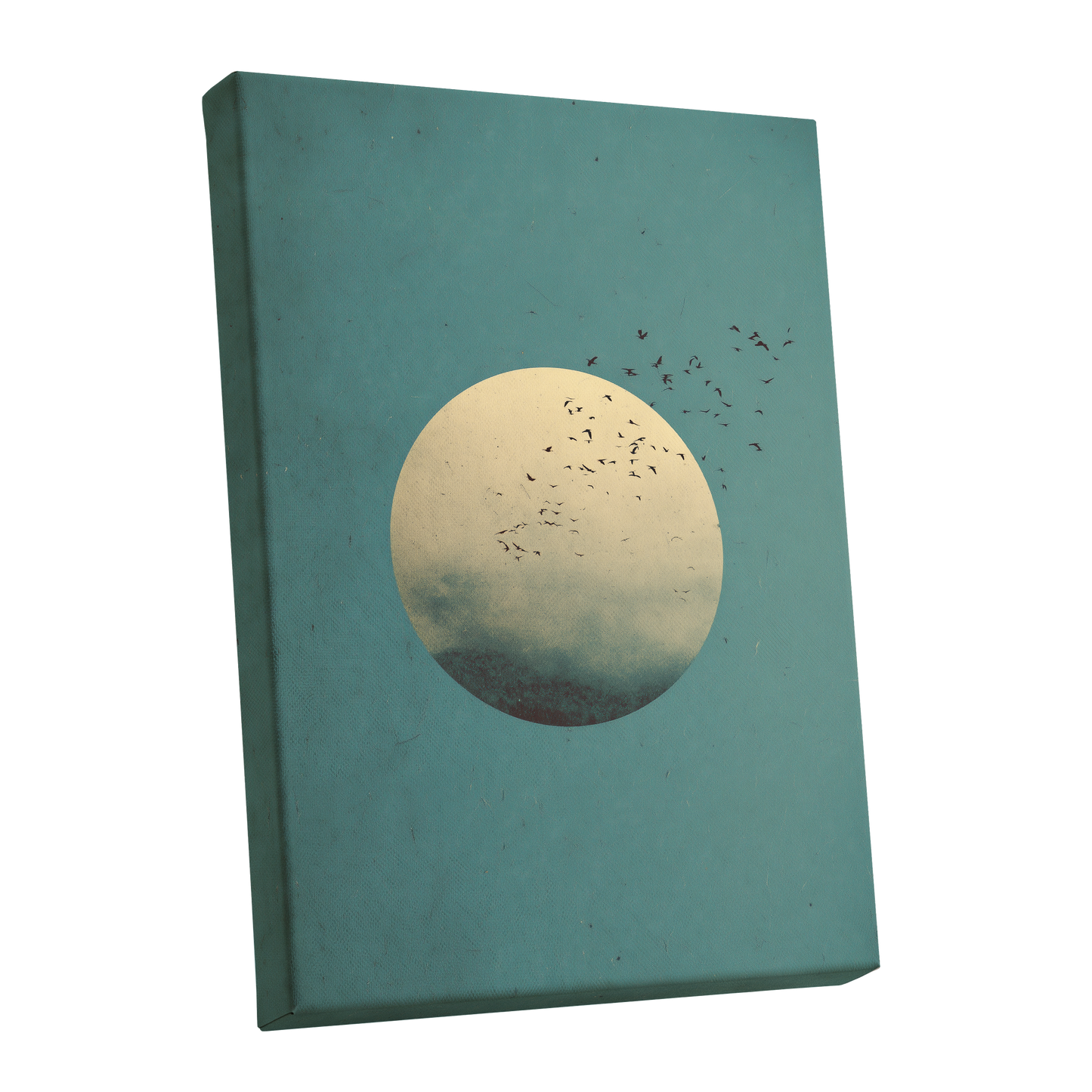 Flock Across the Orb, blue, green, beige nature wall art shown as a stretched canvas wall art