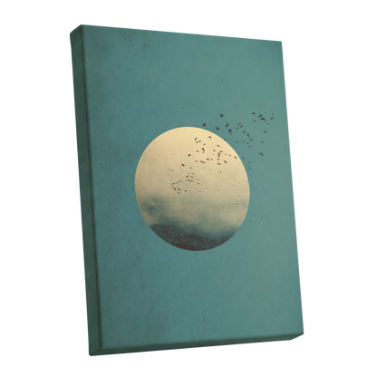 Flock Across the Orb, blue, green, beige nature wall art shown as a stretched canvas wall art