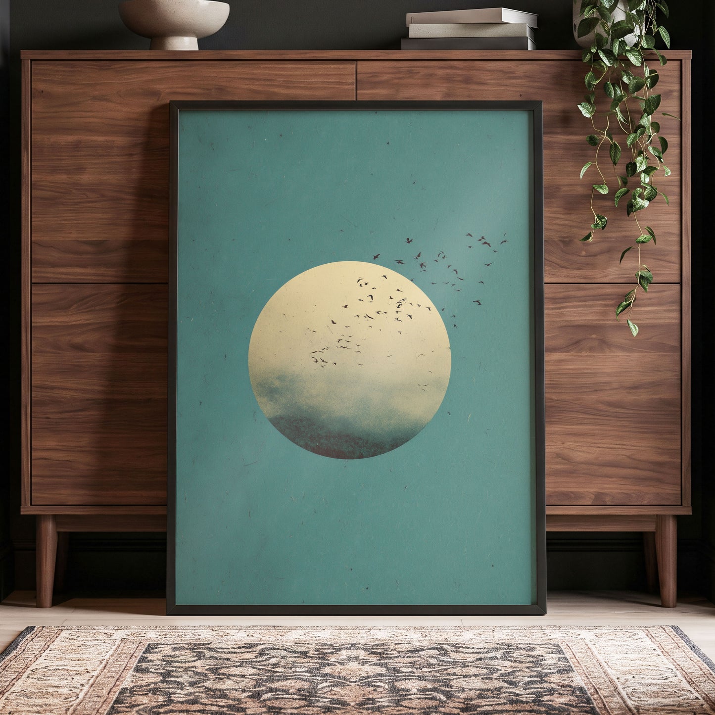 Flock Across the Orb, blue, green, beige nature wall art displayed in a styled interior, gallery view 2