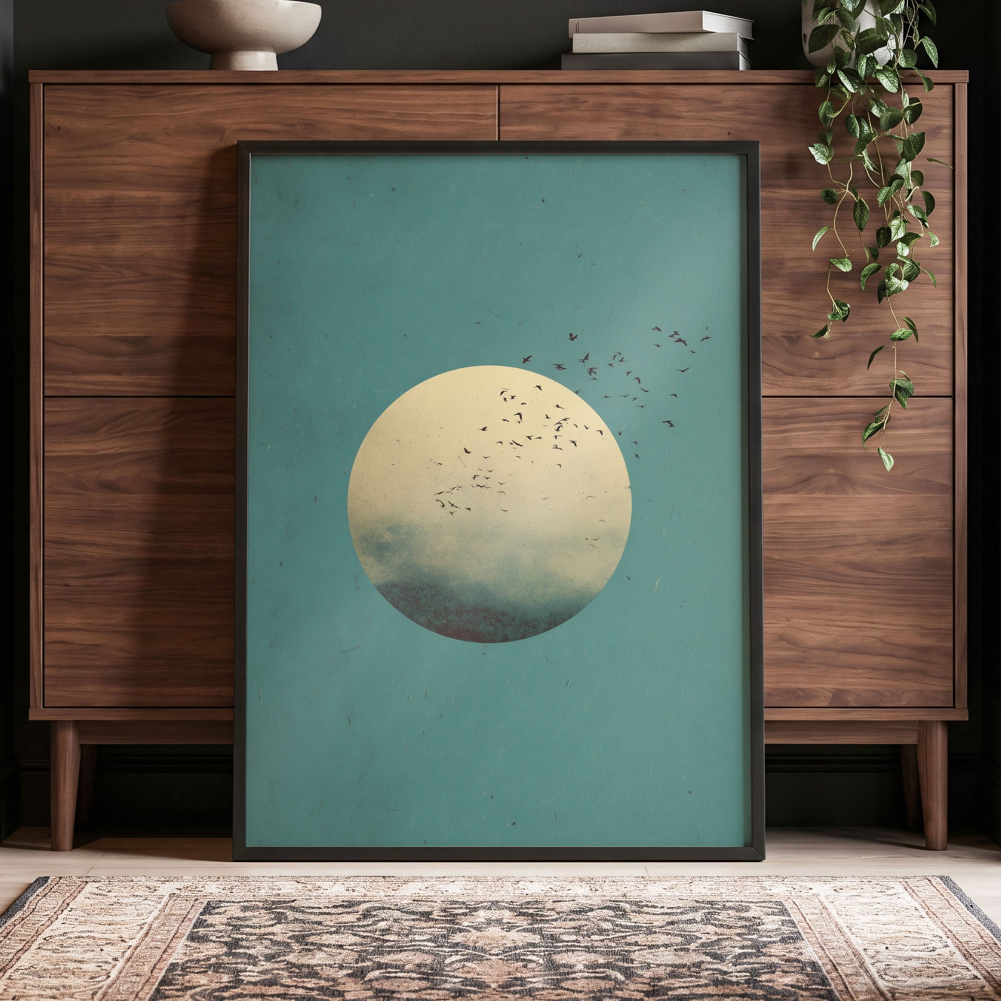 Flock Across the Orb, blue, green, beige nature wall art displayed in a styled interior, gallery view 2