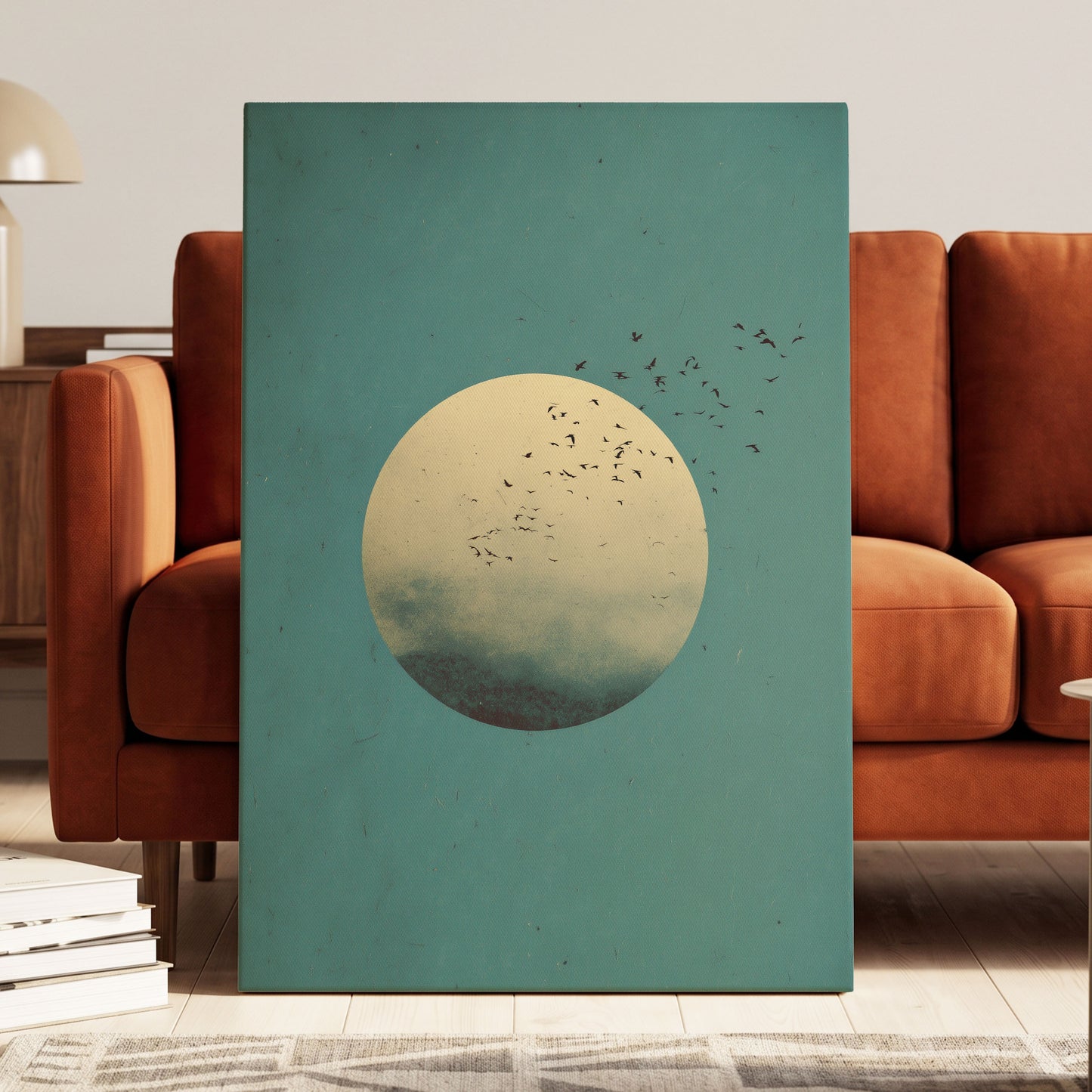 Flock Across the Orb, blue, green, beige nature wall art displayed in a styled interior, gallery view 3